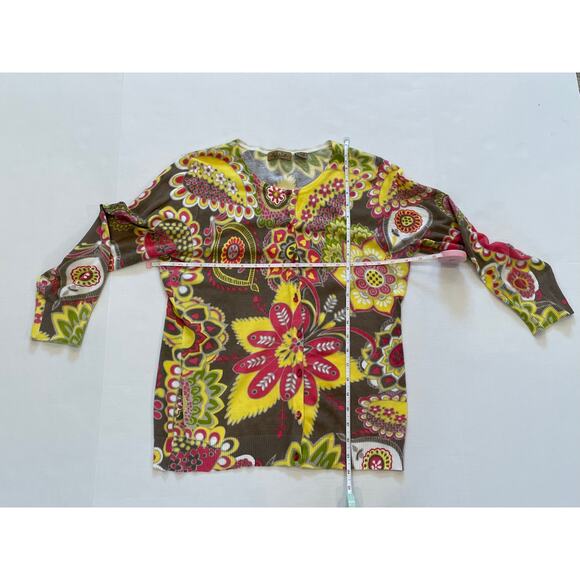 Peck & Peck Weekend Yellow Pink Floral Cotton Blend Crew Neck Cardigan, Size S - Picture 8 of 13